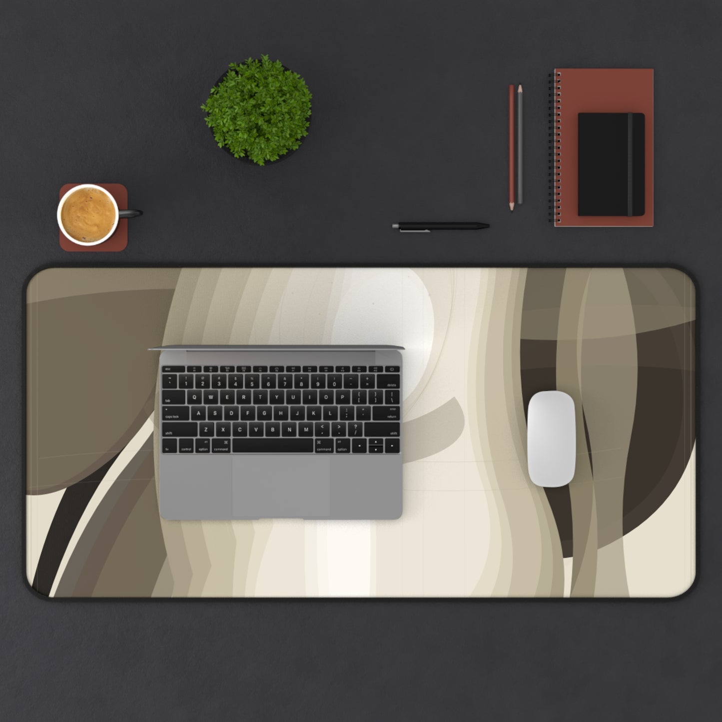Abstract Neutral Waves Desk Mat | Modern Beige Brown Mousepad Surface