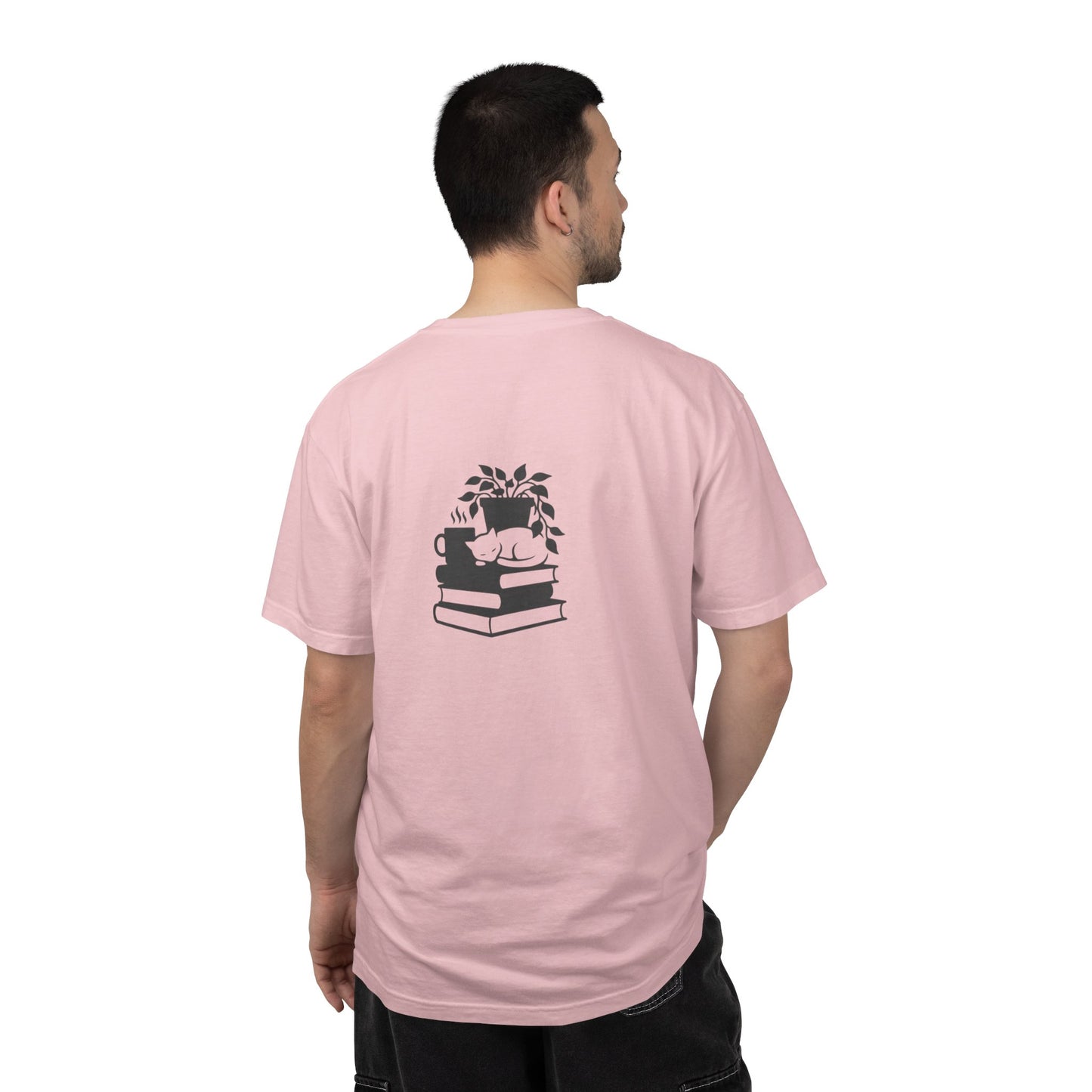 Cozy Cat on Books T-Shirt | Reading Tea Stack Illustration