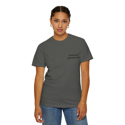 Coffee First Unisex Garment-Dyed T-Shirt - Adulthood Later - TRV