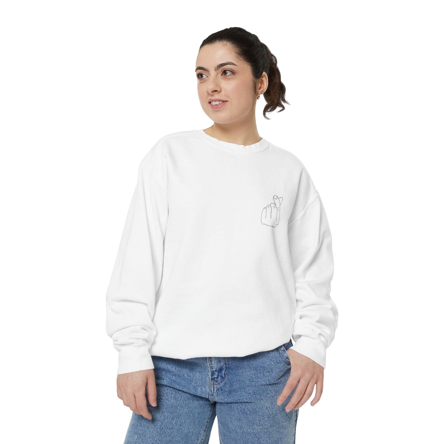 Minimalist Peace Hand Sweatshirt — Small Chest Line Art Crewneck