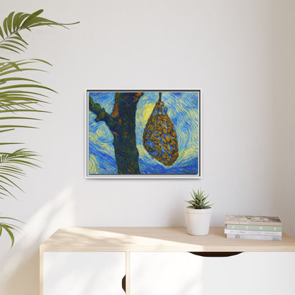 Framed Matte Canvas Art — Van Gogh-Style Swirling Night with Hanging Beehive