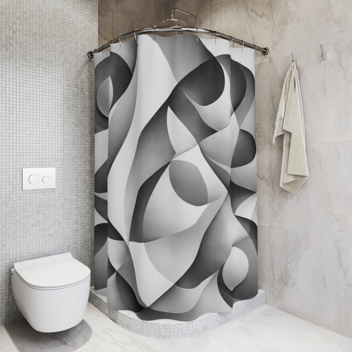 Black and white abstract monochrome geometric shower curtain with curved patterns, ideal for modern home decor.