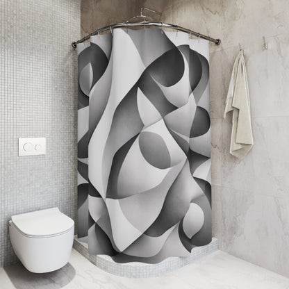 Black and white abstract monochrome geometric shower curtain with curved patterns, ideal for modern home decor.