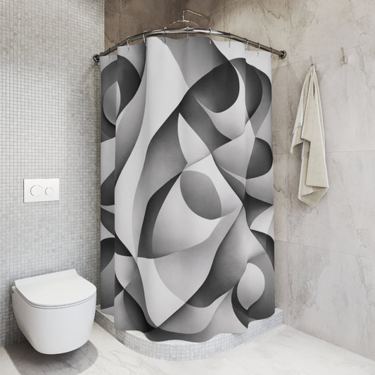 Black and white abstract monochrome geometric shower curtain with curved patterns, ideal for modern home decor.
