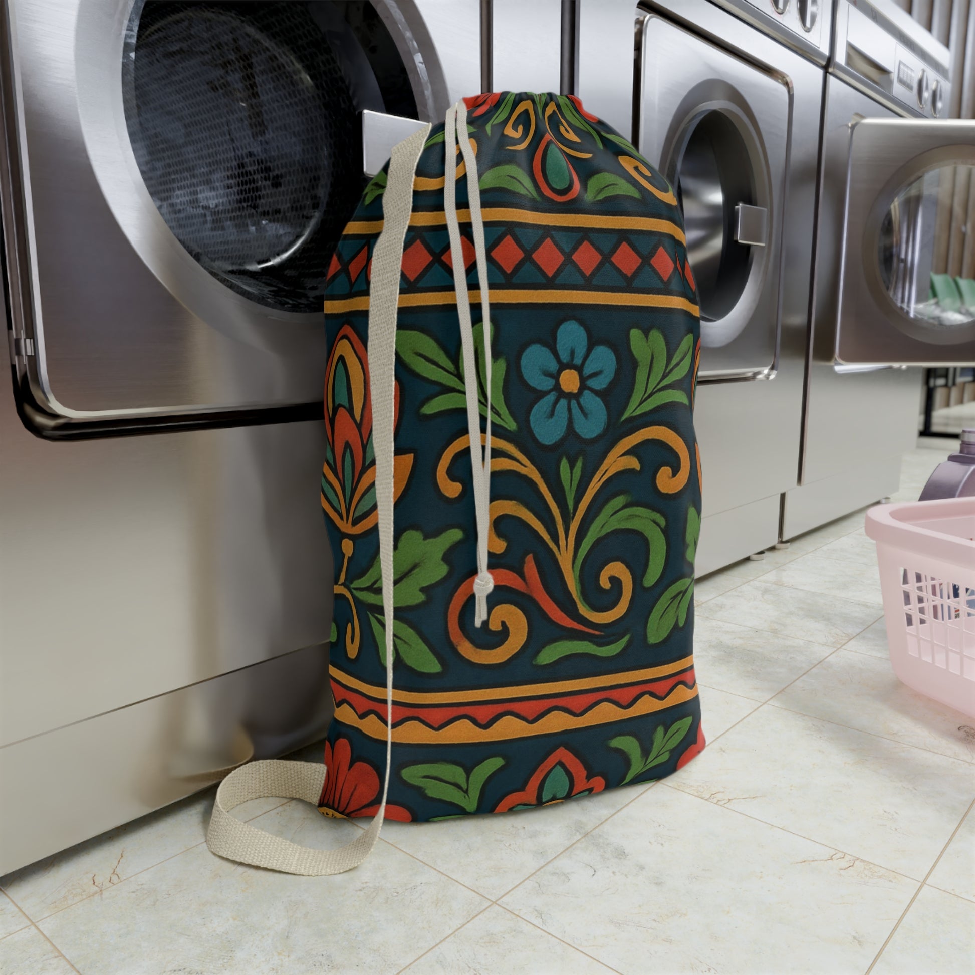 Folk Floral Pattern Laundry Bag | Boho Floral Drawstring Bag - TRV
