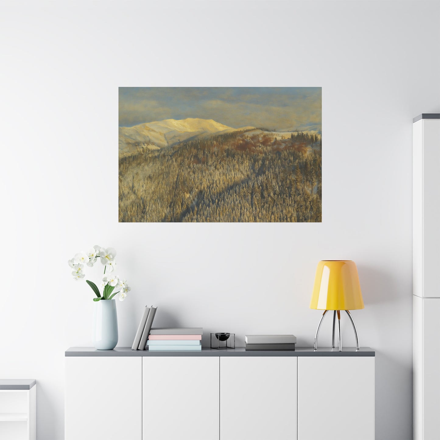Mountain Serenity Stretched Canvas Art, Winter Landscape Wall Decor, Nature Print for Home, Gift for Nature Lovers, Cozy Interior Accent