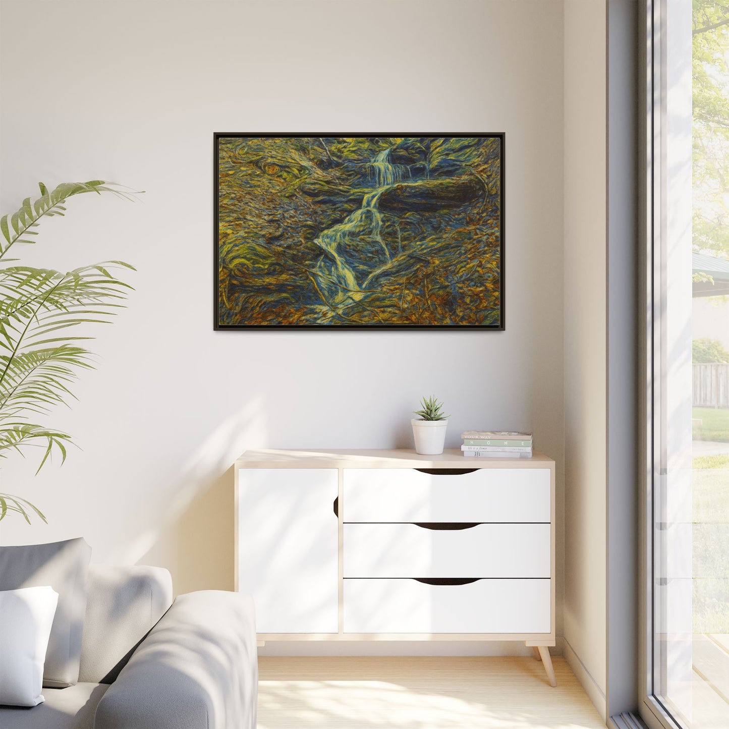 Van Gogh Style Framed Matte Canvas Art Print - Nature-Inspired Wall Decor, Abstract Waterfall Artwork, Home Office Decoration - TRV