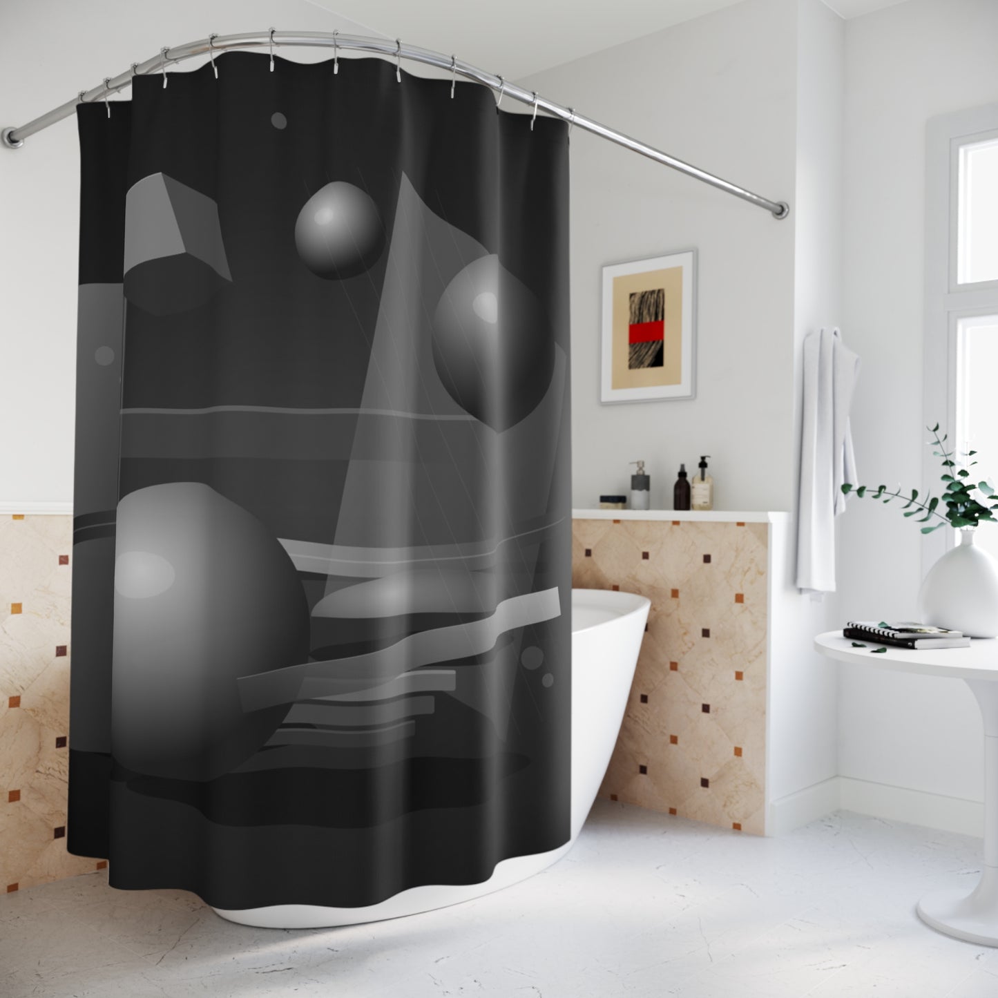 Monochrome 3D Shapes Shower Curtain | Abstract Geometric Bathroom Decor