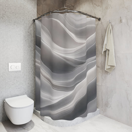 Abstract gray waves shower curtain with soft marble swirl design, ideal for modern bathroom decor, by Printify.