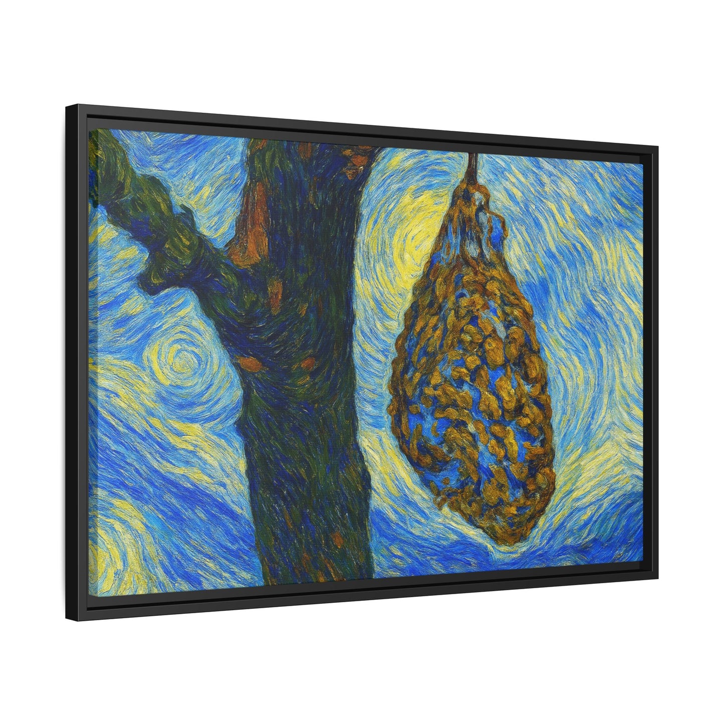 Framed Matte Canvas Art — Van Gogh-Style Swirling Night with Hanging Beehive