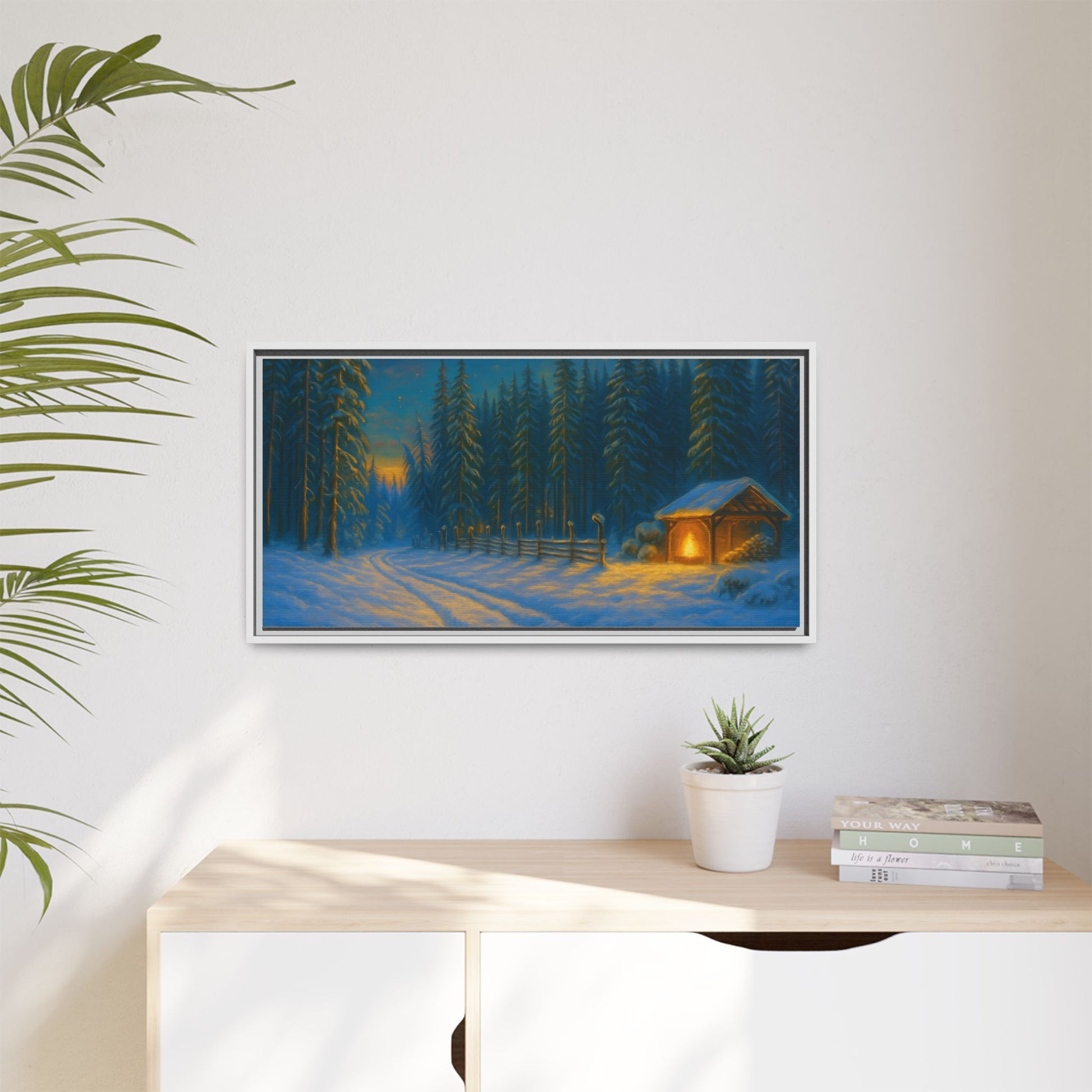 Framed Winter Landscape Canvas, Cozy Cabin Art, Christmas Decor, Winter Home Decor, Holiday Gift, Wall Art - TRV