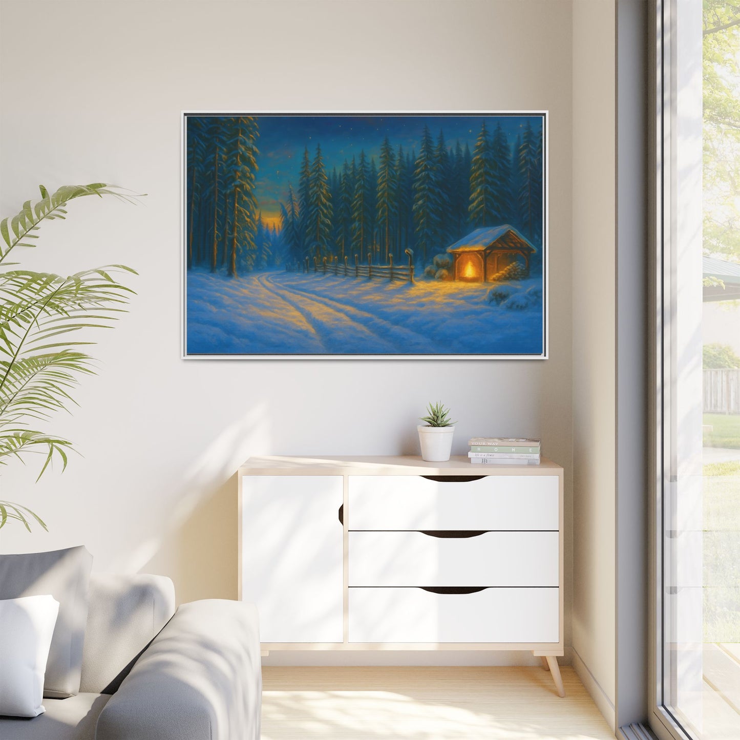 Framed Winter Landscape Canvas, Cozy Cabin Art, Christmas Decor, Winter Home Decor, Holiday Gift, Wall Art - TRV