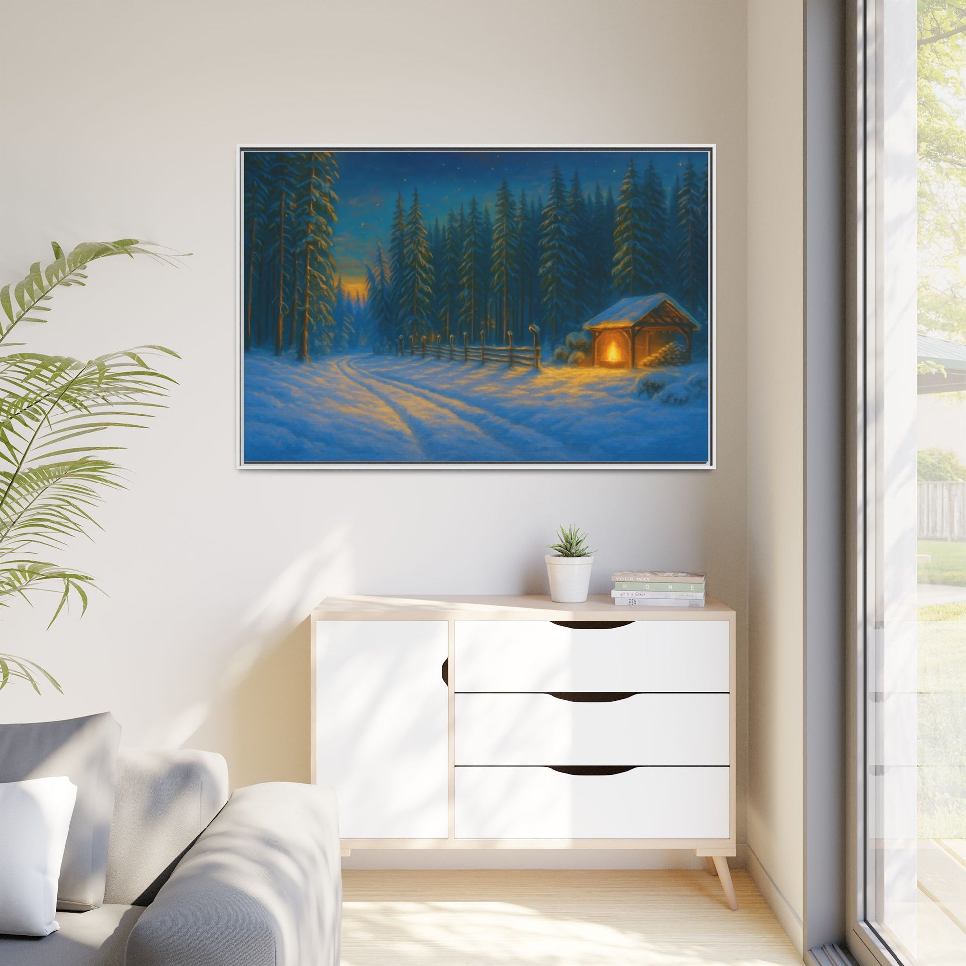 Framed Winter Landscape Canvas, Cozy Cabin Art, Christmas Decor, Winter Home Decor, Holiday Gift, Wall Art - TRV