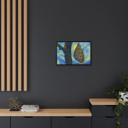 Framed Matte Canvas Art — Van Gogh-Style Swirling Night with Hanging Beehive