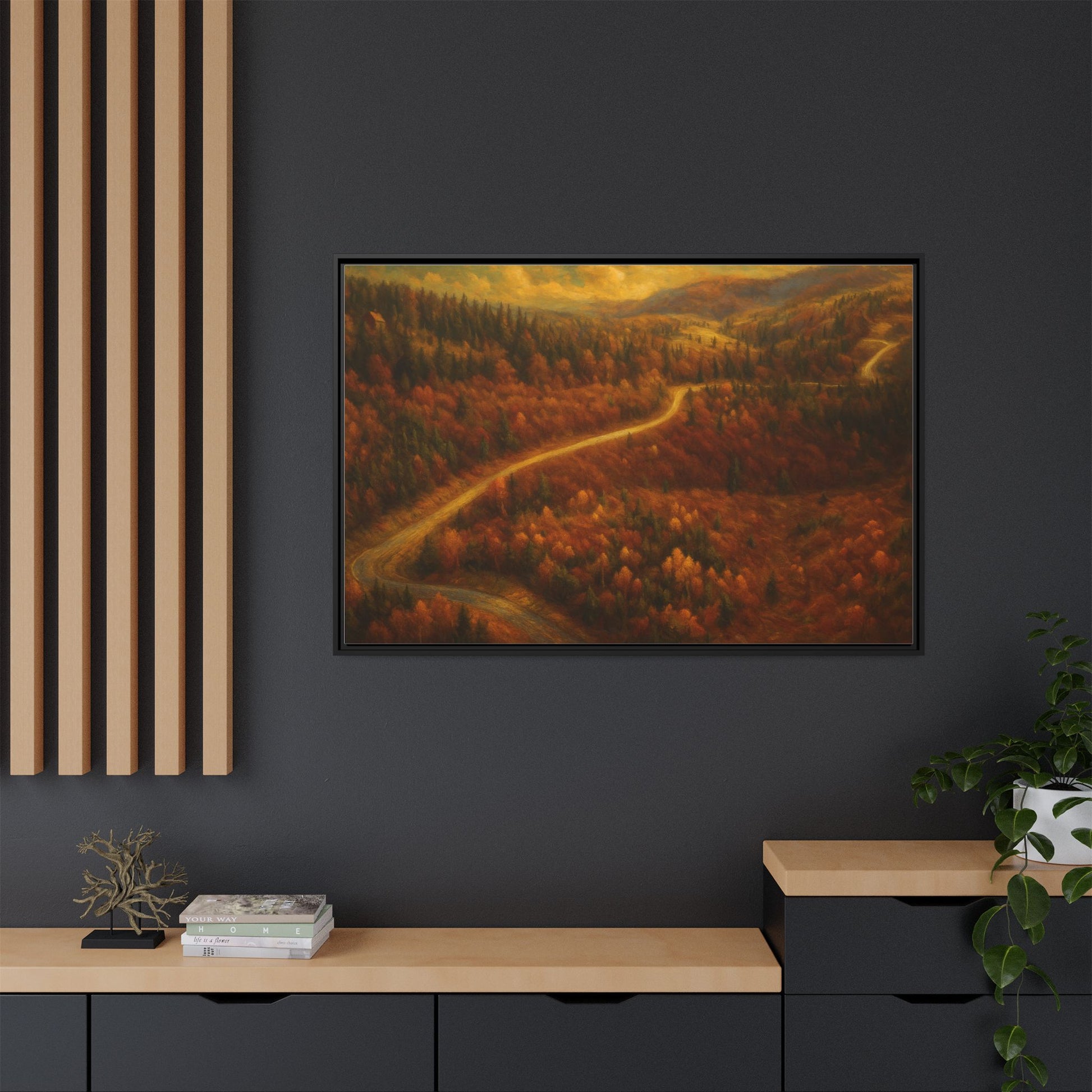 Autumn Landscape Framed Canvas Art, Cozy Home Decor, Warm Fall Vibes, Gift for Nature Lovers, Perfect for Thanksgiving - TRV