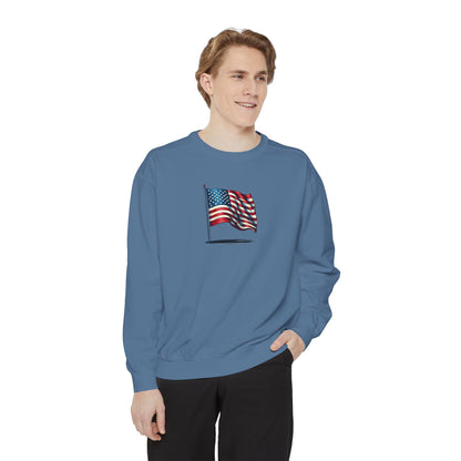 Patriotic Unisex Garment-Dyed Sweatshirt with Vintage American Flag, Cozy Fall Outfit, Statement Sweater, Gift for Veterans, Casual Fashion - TRV