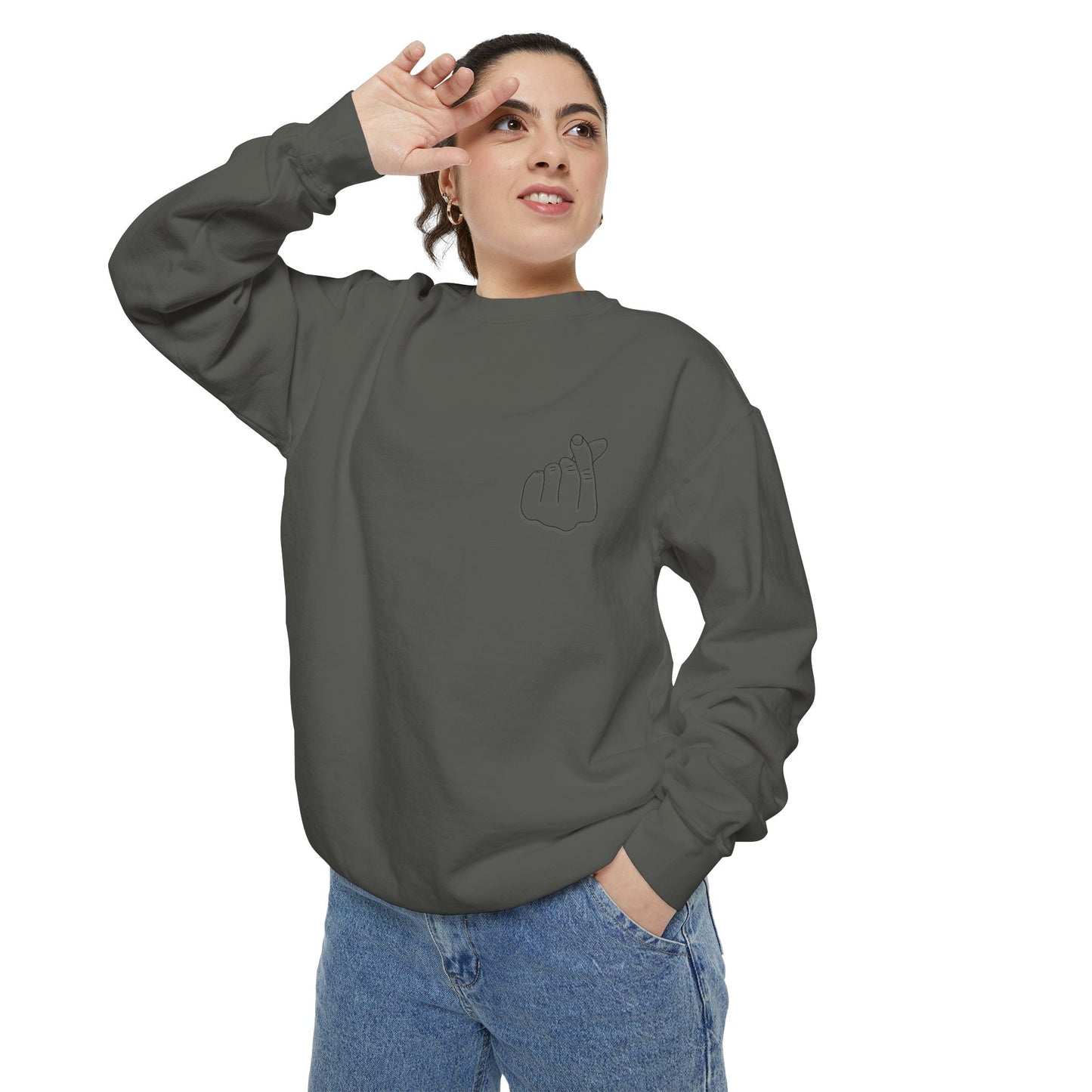 Minimalist Peace Hand Sweatshirt — Small Chest Line Art Crewneck