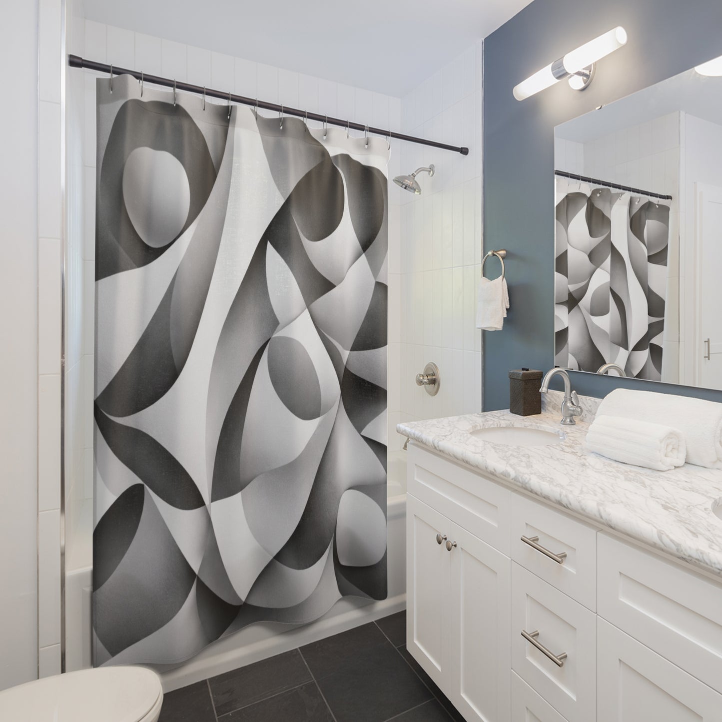 Black and white abstract geometric shower curtain with curved lines, ideal for modern home decor.