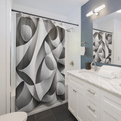 Black and white abstract geometric shower curtain with curved lines, ideal for modern home decor.