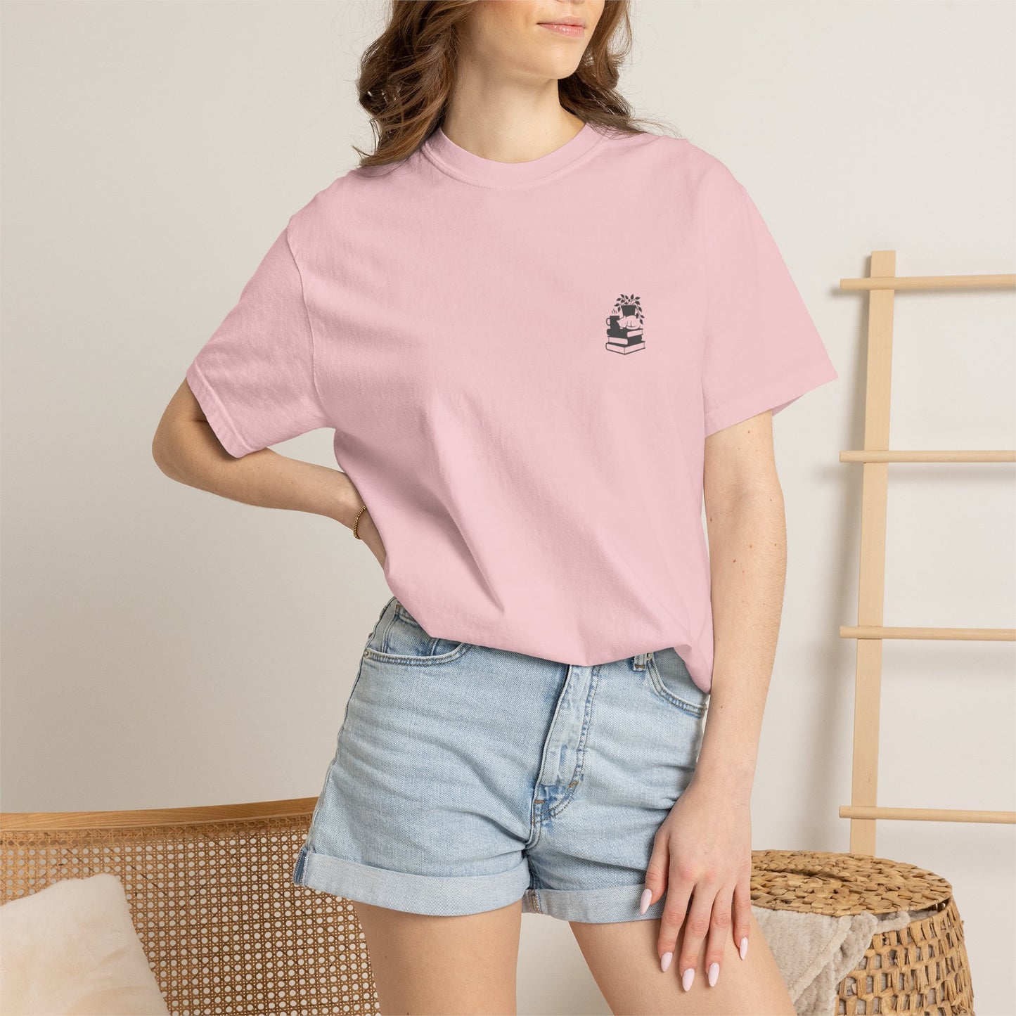 Cozy Cat on Books T-Shirt | Reading Tea Stack Illustration