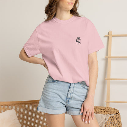 Cozy Cat on Books T-Shirt | Reading Tea Stack Illustration