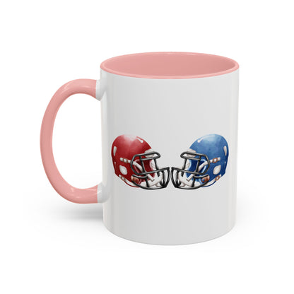 Football Helmet Coffee Mug — Red vs Blue Rivalry Accent Mug (11/15oz)