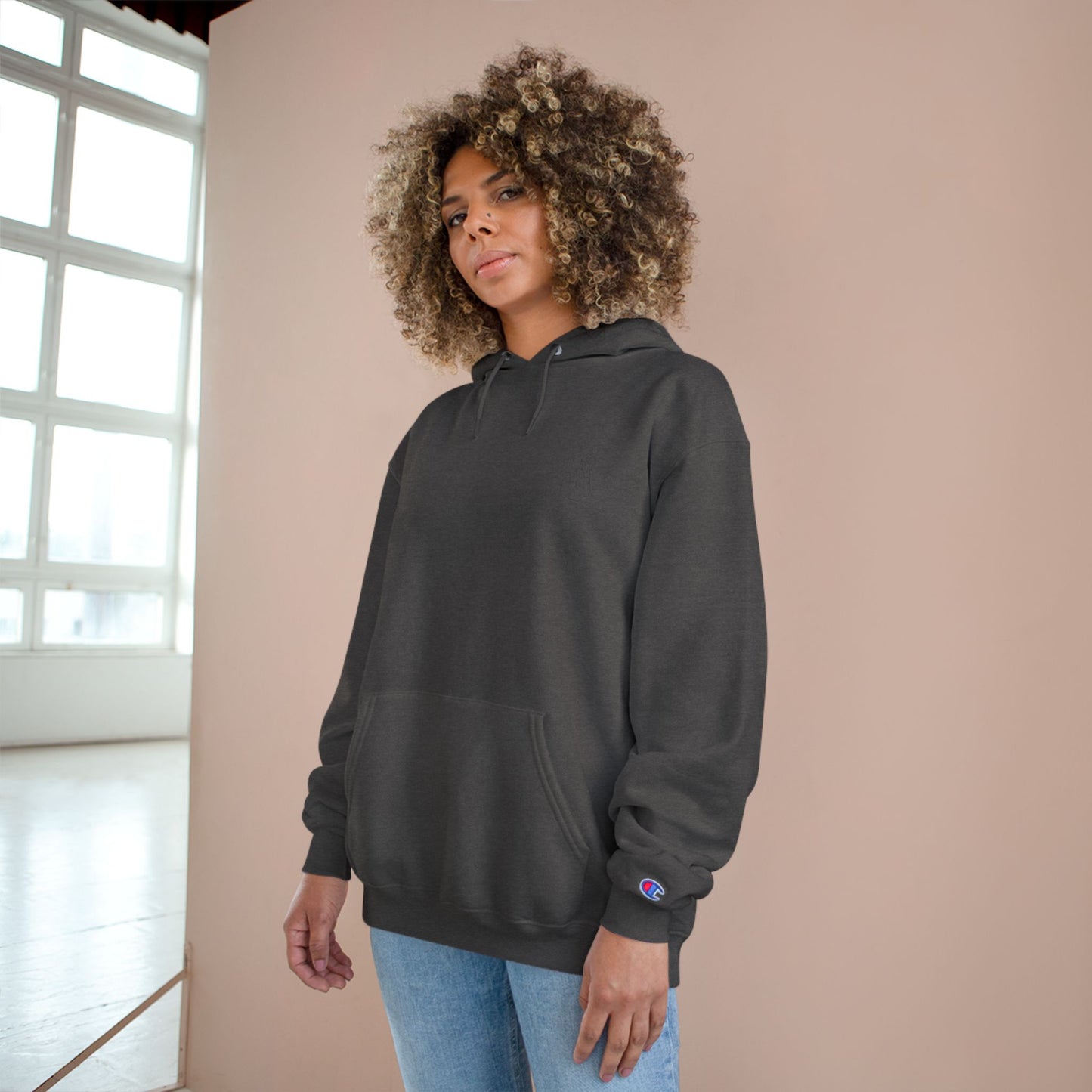 Champion Hoodie with Korean Finger Heart Graphic – Minimal White Pullover
