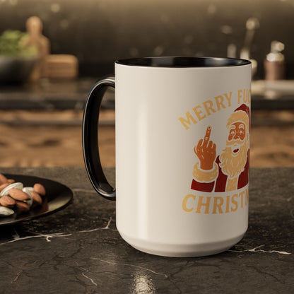 Irreverent Merry Christmas Mug — Funny Santa Middle Finger Coffee Cup (11oz & 15oz)