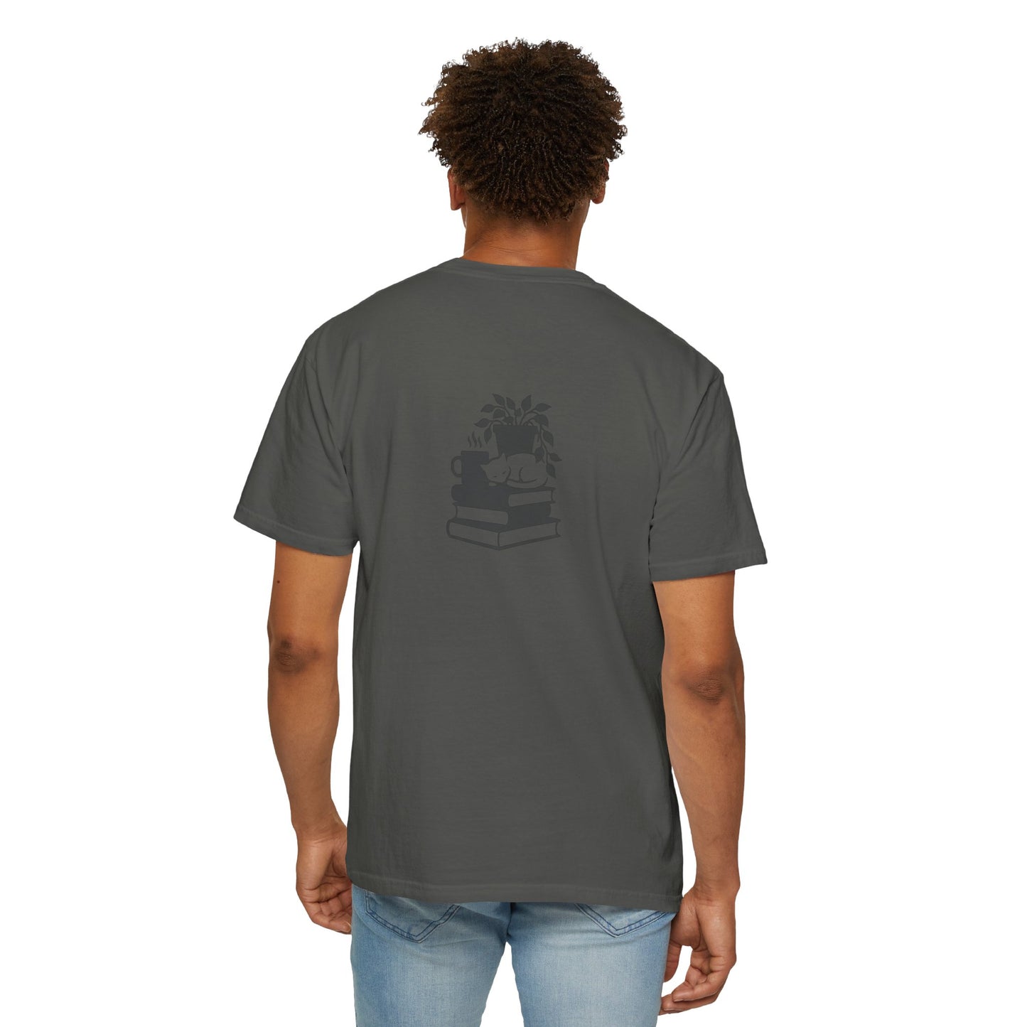 Cozy Cat on Books T-Shirt | Reading Tea Stack Illustration