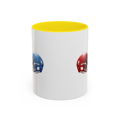 Football Helmet Coffee Mug — Red vs Blue Rivalry Accent Mug (11/15oz)