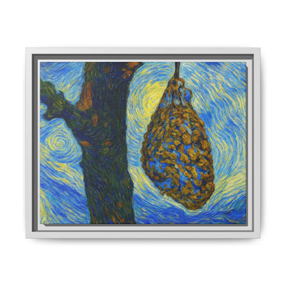 Framed Matte Canvas Art — Van Gogh-Style Swirling Night with Hanging Beehive