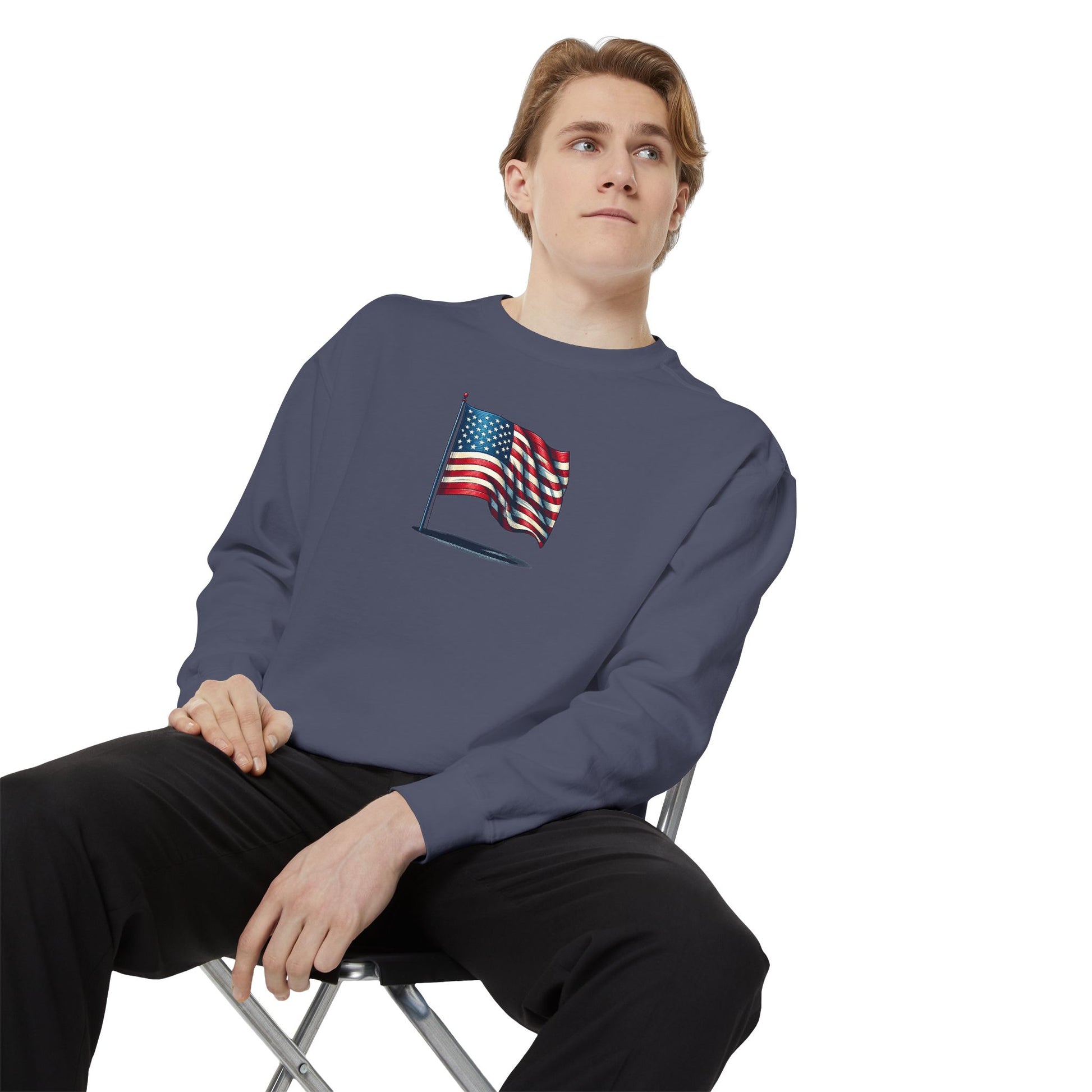 Patriotic Unisex Garment-Dyed Sweatshirt with Vintage American Flag, Cozy Fall Outfit, Statement Sweater, Gift for Veterans, Casual Fashion - TRV