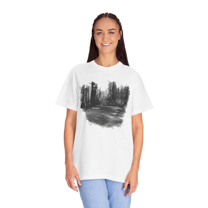 Artistic Forest Scene T-shirt | Nature Lover Gift, Outdoor Adventure Tee, Eco-Friendly Fashion, Vintage Inspired Clothing, Unisex Gift - TRV