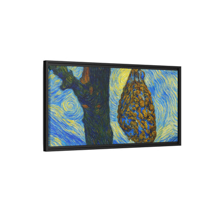 Framed Matte Canvas Art — Van Gogh-Style Swirling Night with Hanging Beehive