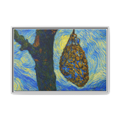 Framed Matte Canvas Art — Van Gogh-Style Swirling Night with Hanging Beehive