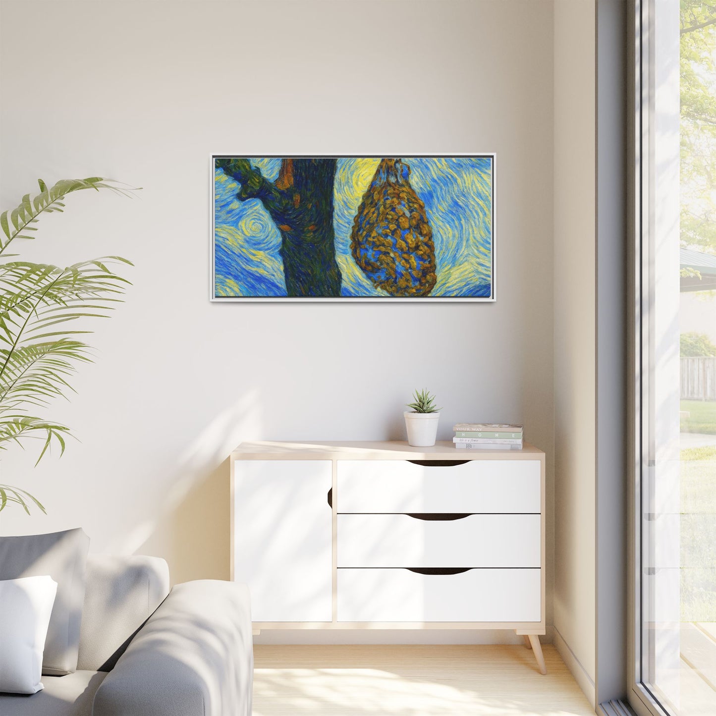 Framed Matte Canvas Art — Van Gogh-Style Swirling Night with Hanging Beehive