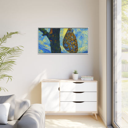 Framed Matte Canvas Art — Van Gogh-Style Swirling Night with Hanging Beehive