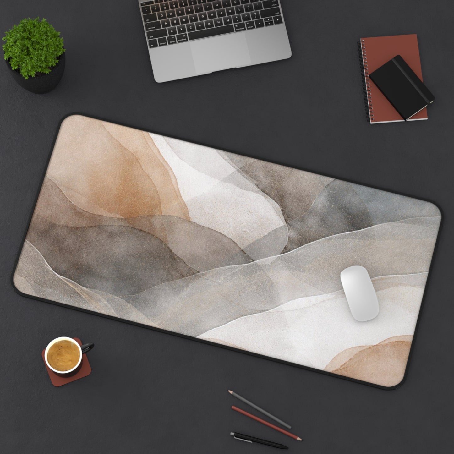Neutral Watercolor Waves Desk Mat | Abstract Beige Gray Mouse Pad