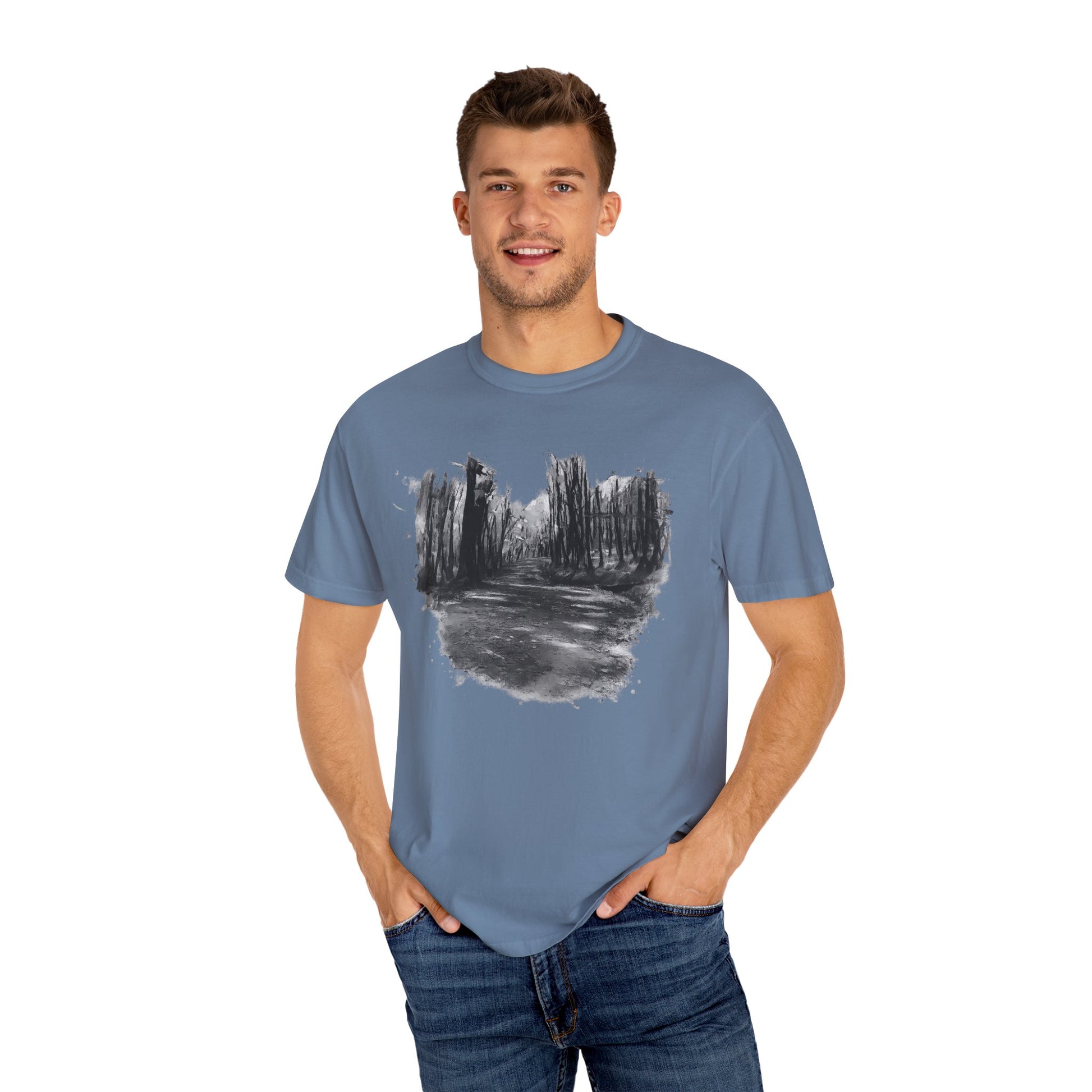 Artistic Forest Scene T-shirt | Nature Lover Gift, Outdoor Adventure Tee, Eco-Friendly Fashion, Vintage Inspired Clothing, Unisex Gift - TRV