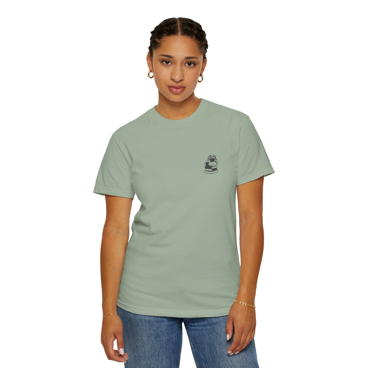 Cozy Cat on Books T-Shirt | Reading Tea Stack Illustration