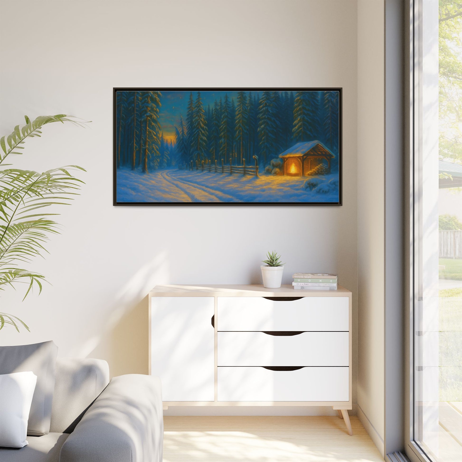 Framed Winter Landscape Canvas, Cozy Cabin Art, Christmas Decor, Winter Home Decor, Holiday Gift, Wall Art - TRV