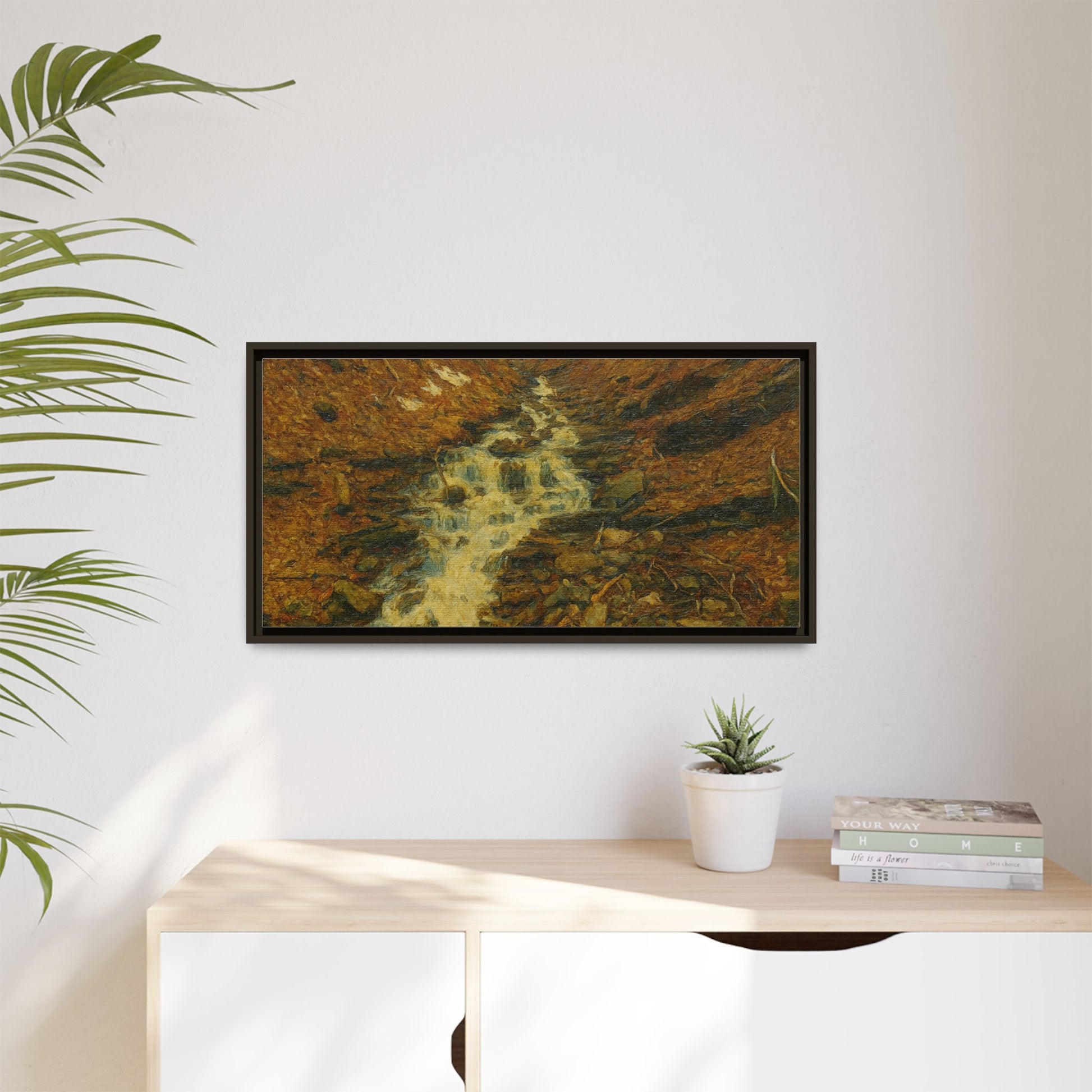 Serene Abstract Nature Canvas Art, Framed Wall Decor, Rustic Home Accent, Earthy Tone Artwork, Tranquil River Scene - TRV