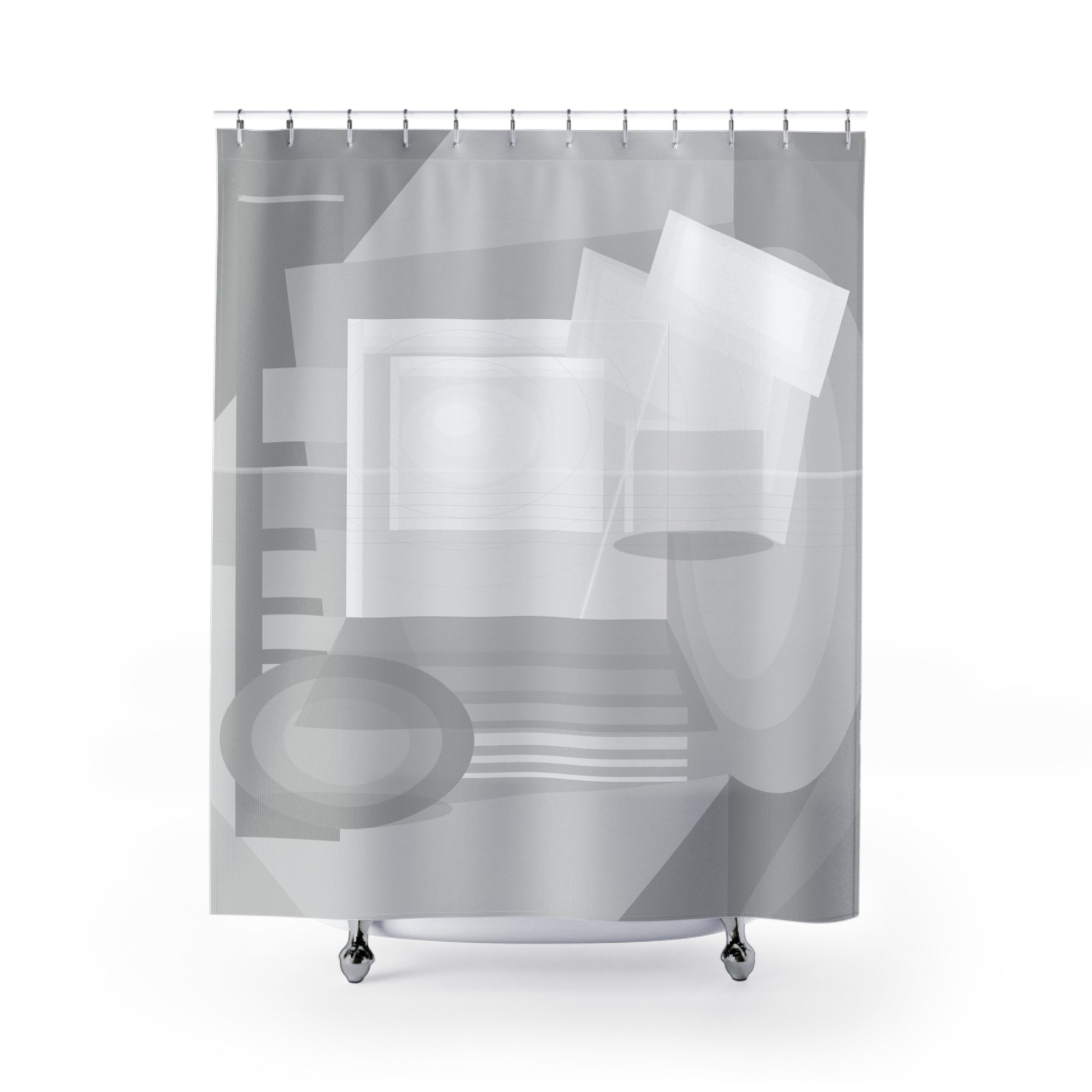 Gray abstract geometric pattern shower curtain from Printify, featuring modern minimal bathroom decor design.