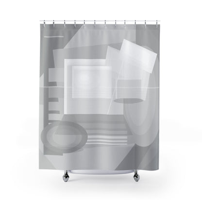 Gray abstract geometric pattern shower curtain from Printify, featuring modern minimal bathroom decor design.