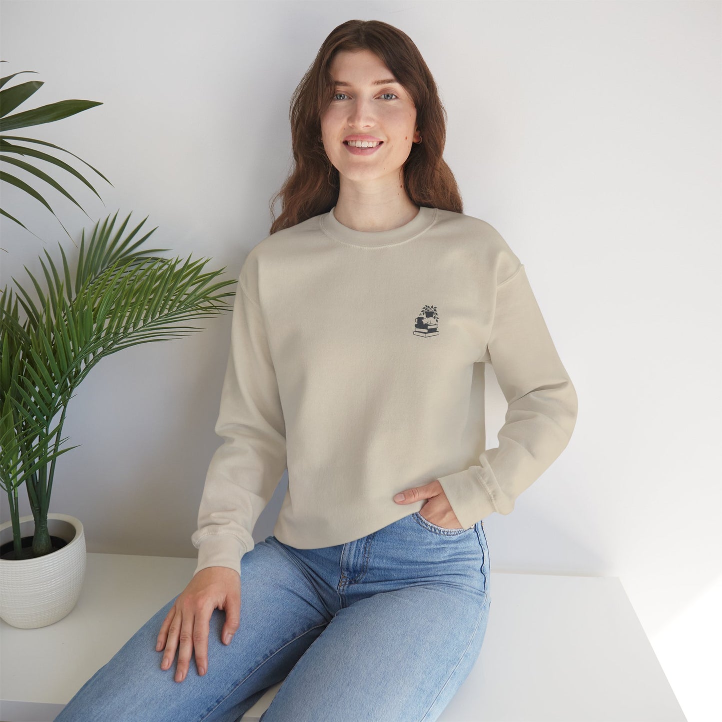 Stack of Books with Mug and Plant Sweatshirt | Cozy Reading Crewneck