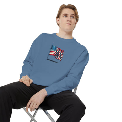 Patriotic Unisex Garment-Dyed Sweatshirt with Vintage American Flag, Cozy Fall Outfit, Statement Sweater, Gift for Veterans, Casual Fashion - TRV