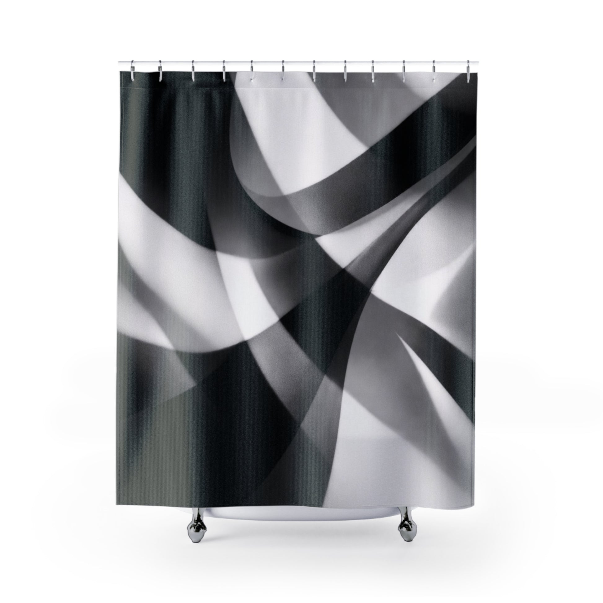 Abstract black and white wave pattern shower curtain featuring modern geometric design for stylish bathroom decor.