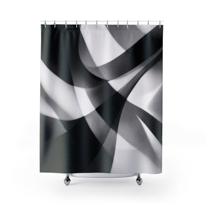 Abstract black and white wave pattern shower curtain featuring modern geometric design for stylish bathroom decor.