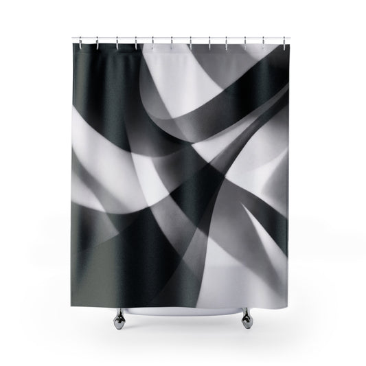 Abstract black and white wave pattern shower curtain featuring modern geometric design for stylish bathroom decor.