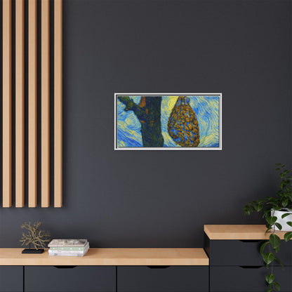 Framed Matte Canvas Art — Van Gogh-Style Swirling Night with Hanging Beehive